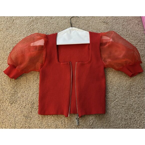 Balboa Zip Up Crop Top Red Puff Sleeves Size Small - Picture 3 of 7